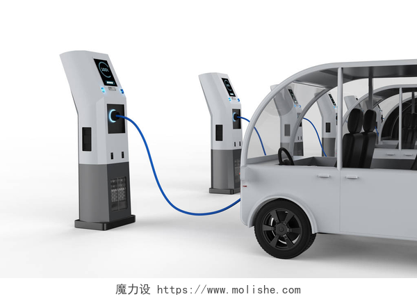 现代电车充电桩3D渲染3d. 用电充电站绘制穿梭巴士费用